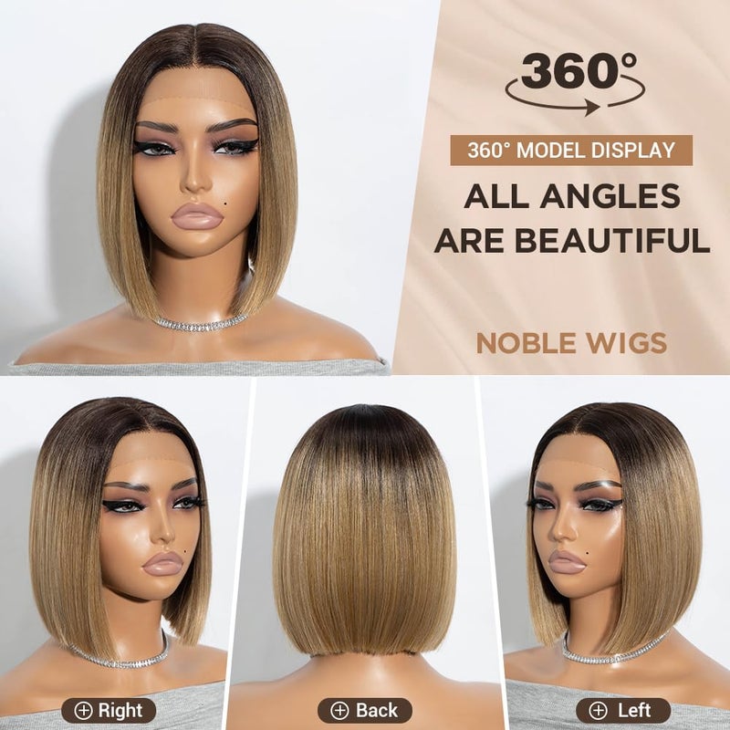 NOBLE Bob Wigs for Women Short T Part HD Lace Front Wigs Ombre Brown Blonde Synthetic Blunt Cut Bob Lace Front Wigs for Party and Daily Use 10 Inch - Image 3